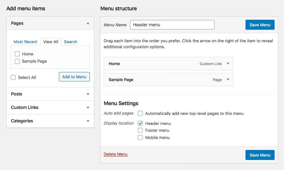 WordPress admin menu builder page